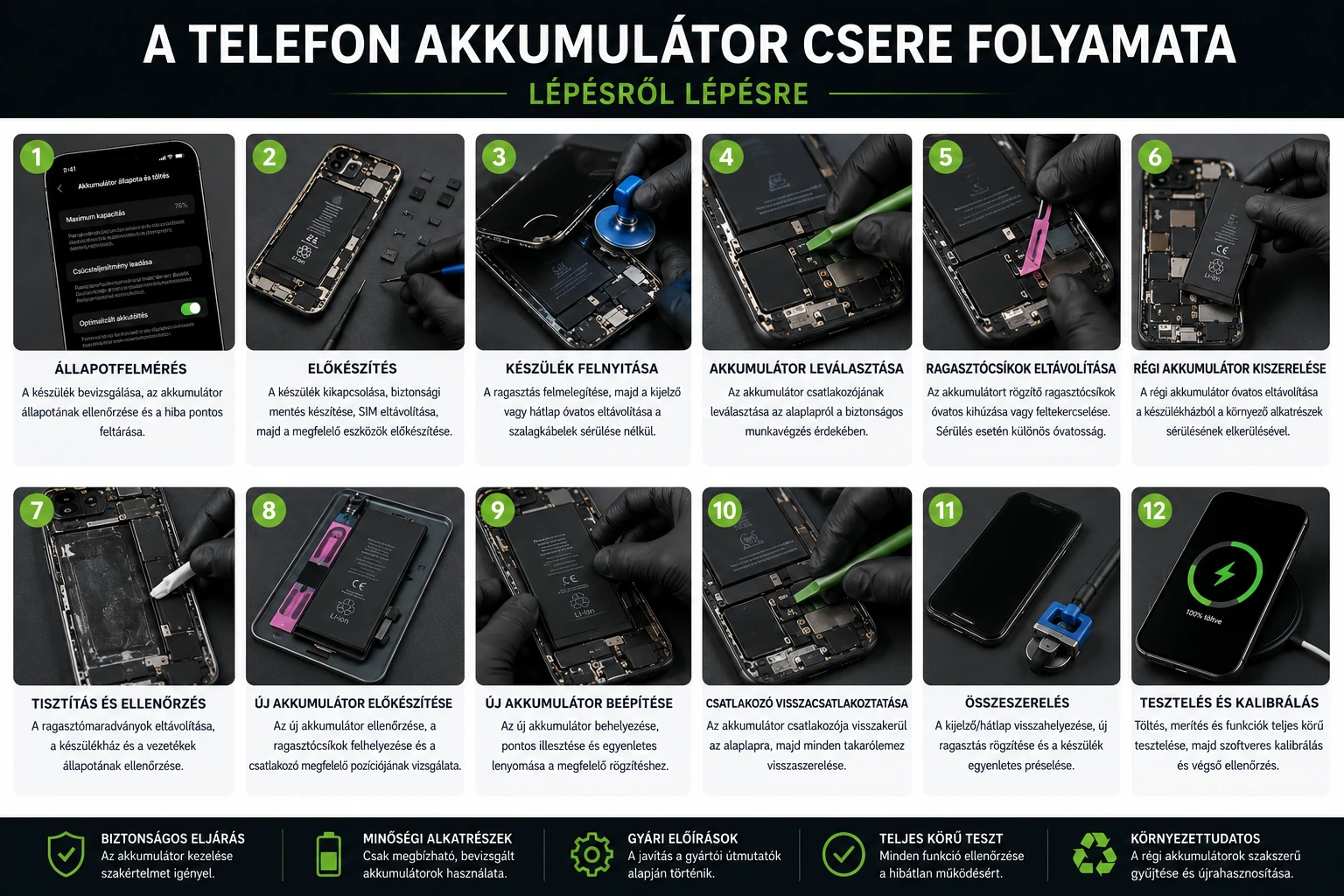 A telefon akkumulátorcsere folyamatának tizenkét fő lépése